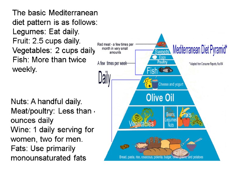 The basic Mediterranean diet pattern is as follows: Legumes: Eat daily. Fruit: 2.5 cups